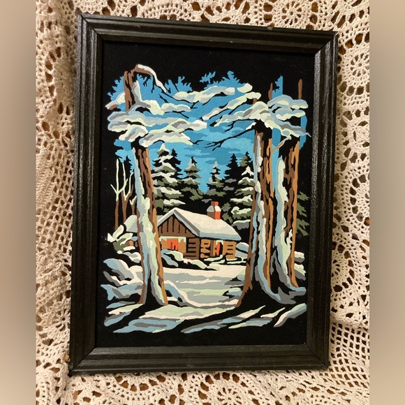 Other - Cabin With Snow, Winter Landscape - Vintage Paint By Numbers, Black Felt Backing